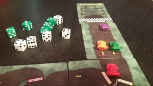Past the gates, Purple takes the lead.  But I've got a pile of dice that says I can catch her