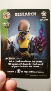 Every card in Microcosm serves many functions.  This Research card gives you some Role Icons, an action, access to Tech, and end-game scoring for Colonies.